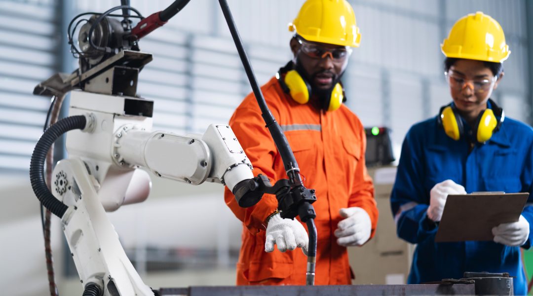 engineer cooperation male and female technician maintenance control relay robot arm system welding with tablet laptop to control quality operate process work heavy industry 4.0 manufacturing factory