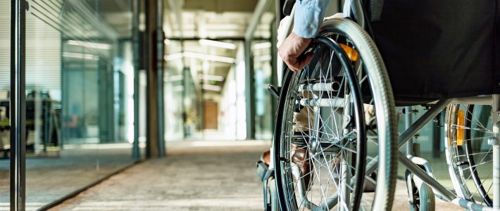 Close up of wheelchair in modern office space