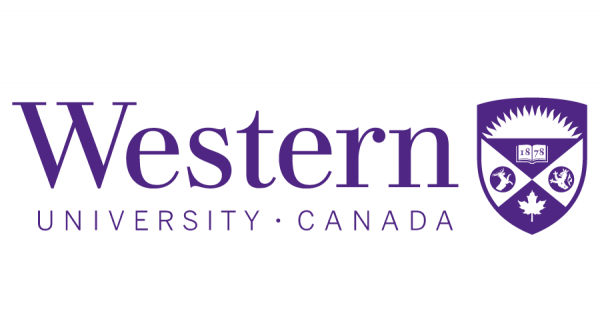 Western University's logo, purple text on a white background reading: Western University, Canada. The school's crest is to the right of the text, also in purple. 