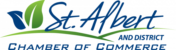 St. Albert Chamber logo, featuring two leaves in green and blue. The words St. Albert sit atop two green curves, creating the icon of two hills.